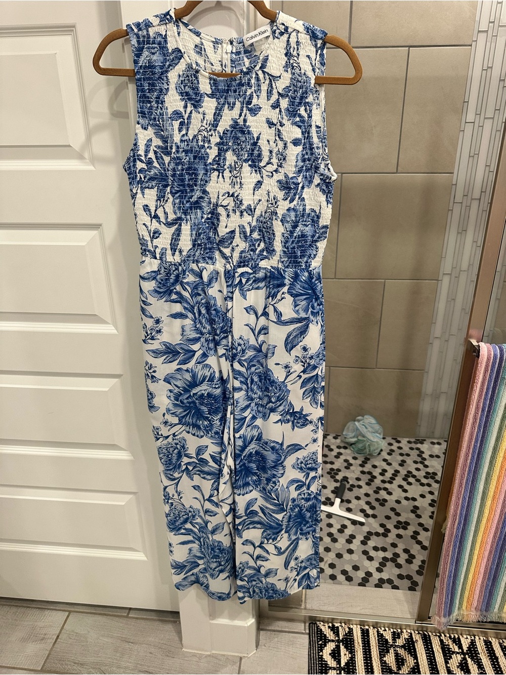 Calvin Klein sleeveless smocked-bodice jumpsuit